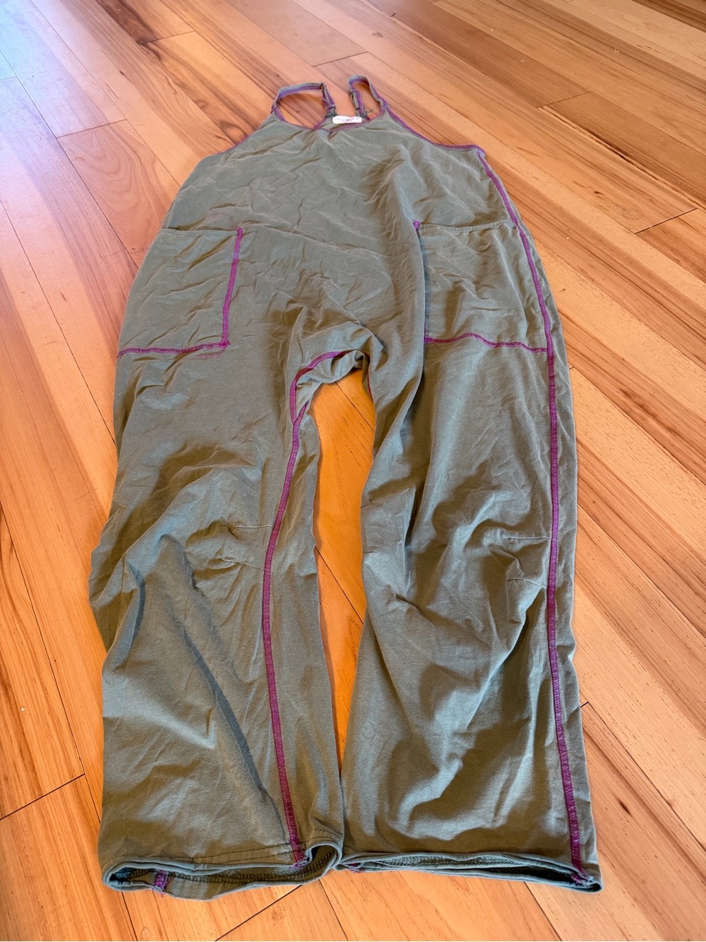 Women's Green Casual Jumpsuit with Purple Stitching